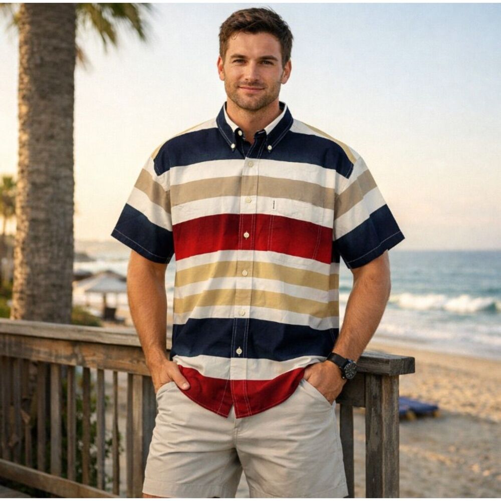 Chaps Ralph Lauren Vintage Striped Button Front Shirt Mens Size L